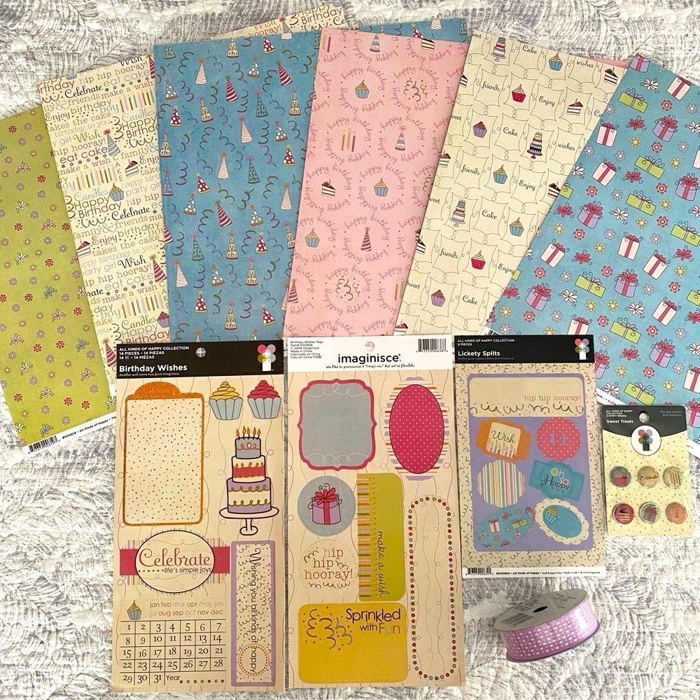 🎈🎂 IMAGINISCE BIRTHDAY STICKERS & SCRAPBOOK PAPER BUNDLE! RETIRED 10 PIECE LOT
